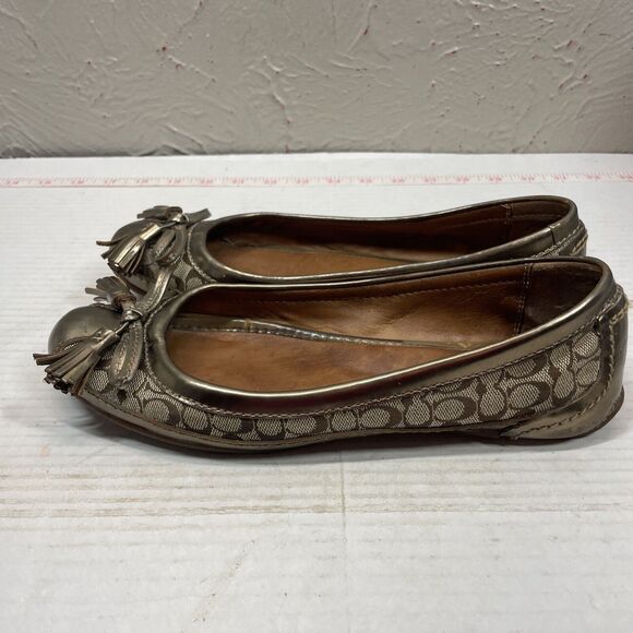 Coach Sophia Gold Metallic Canvas Tassel Bow Tie Ballet Flats Size 8.5 - Picture 2 of 6